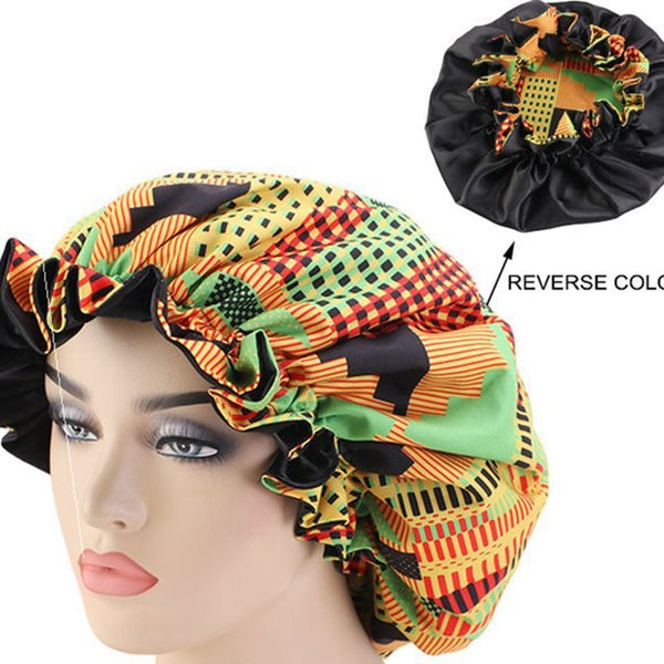 African Pattern Ankara Print Bonnet Women Night Sleep CapWomen's Big Wavy Long Curly Hair Clipping Extensions Are Naturally Fluffy And No Trace
