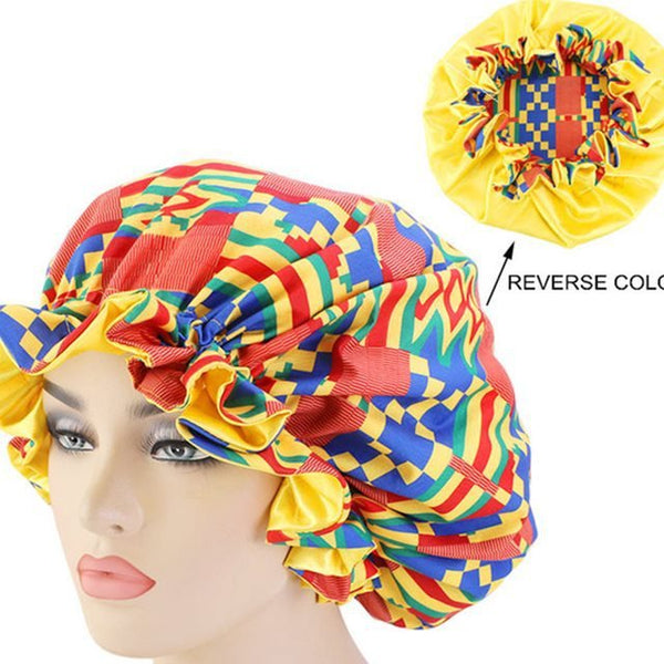 African Pattern Ankara Print Bonnet Women Night Sleep CapWomen's Big Wavy Long Curly Hair Clipping Extensions Are Naturally Fluffy And No Trace